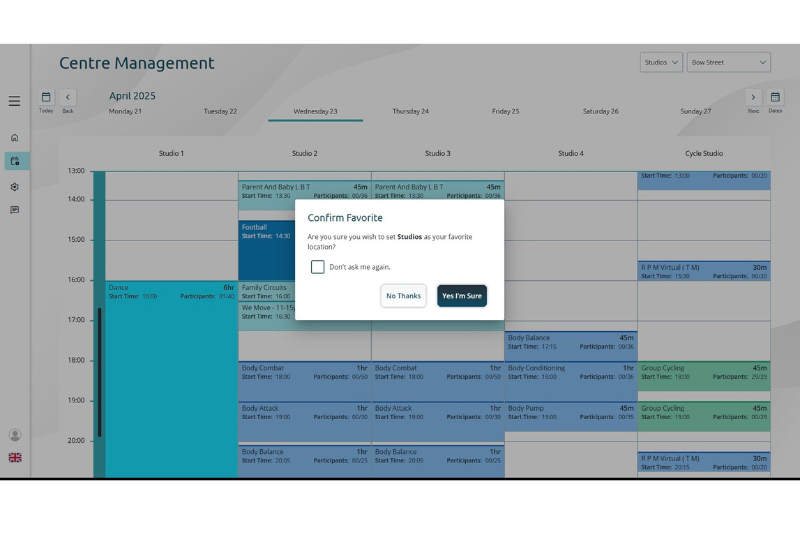Centre Management - Favourites Screen