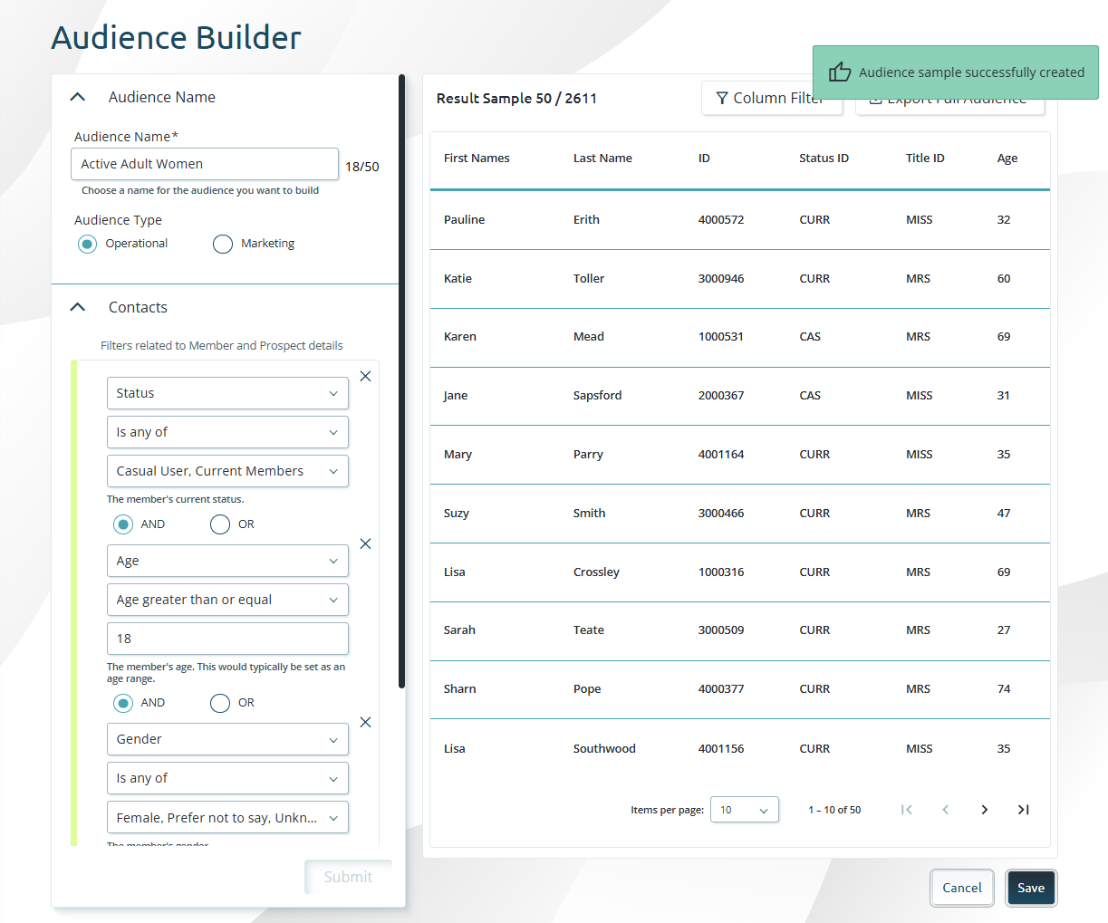 Audience Builder Screenshot with Test Data
