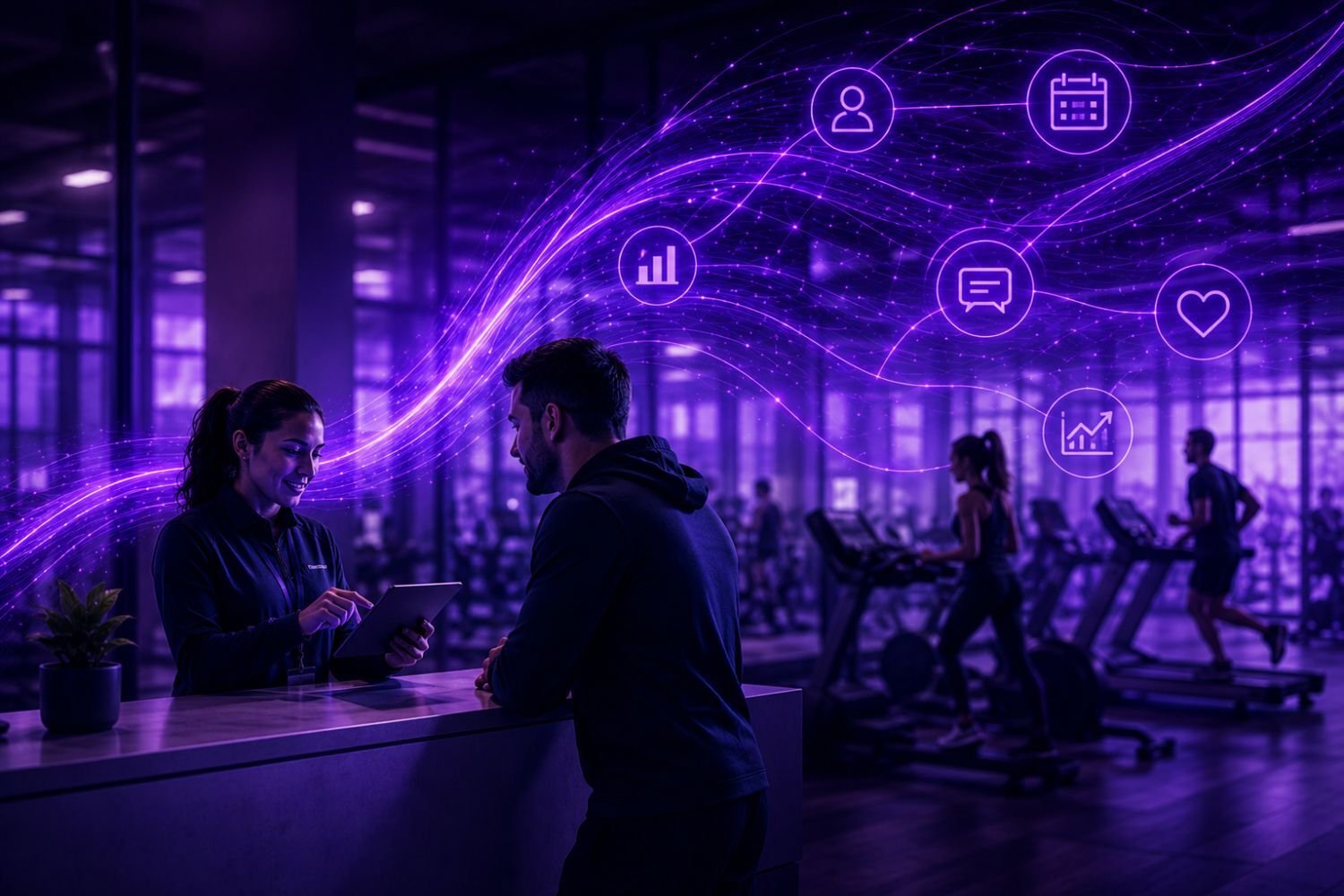 People at a gym check in desk with flows of data