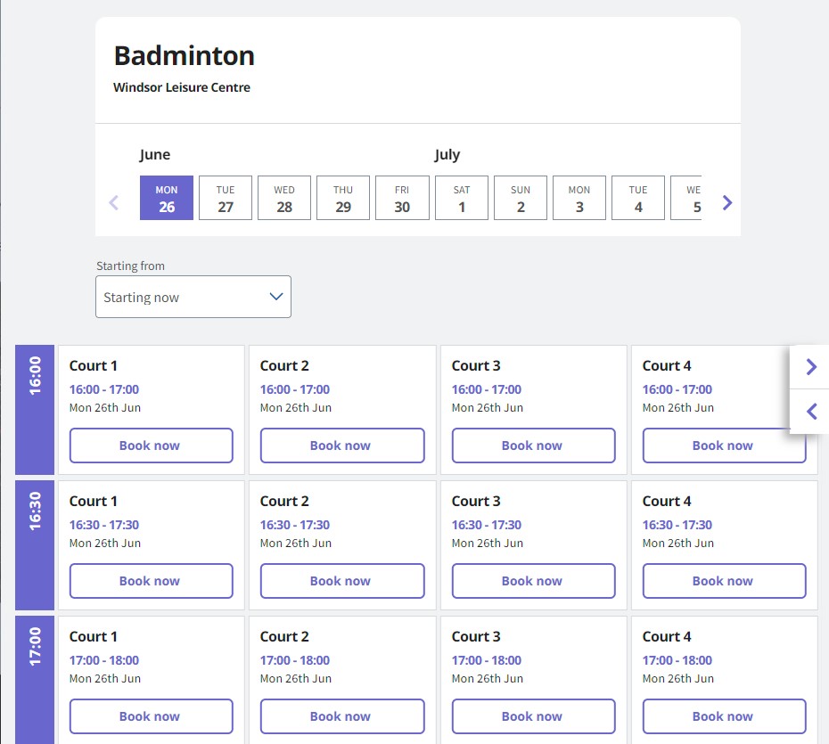Illustration of the screen when making a booking showing badminton court choices