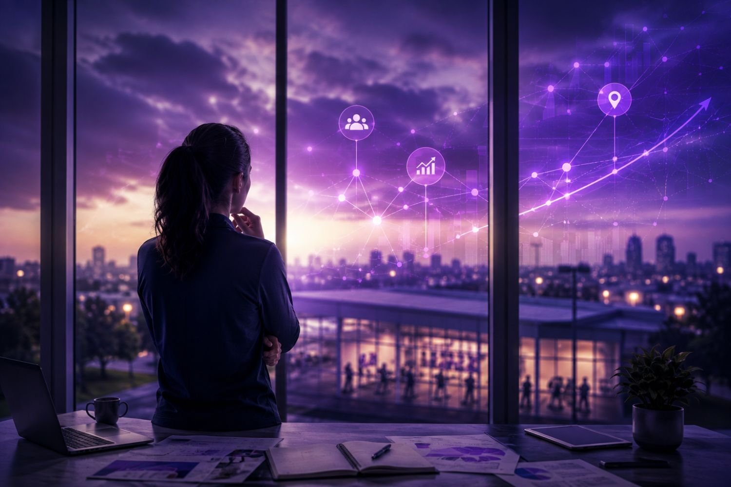 Woman looking out a window imagining data flows